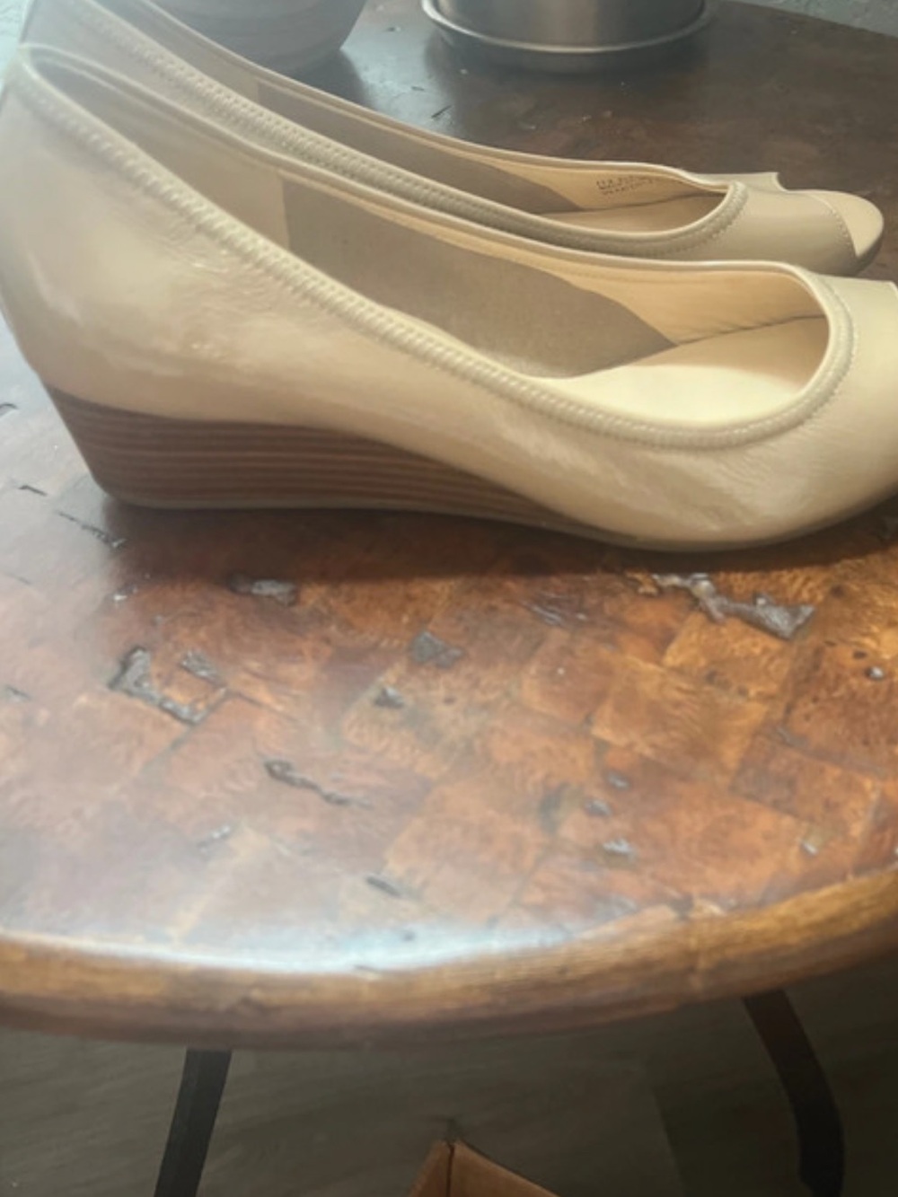 NWOT: Cole Haan Nude Patent Peep-Toe Wedges with Nike Air Cushioning